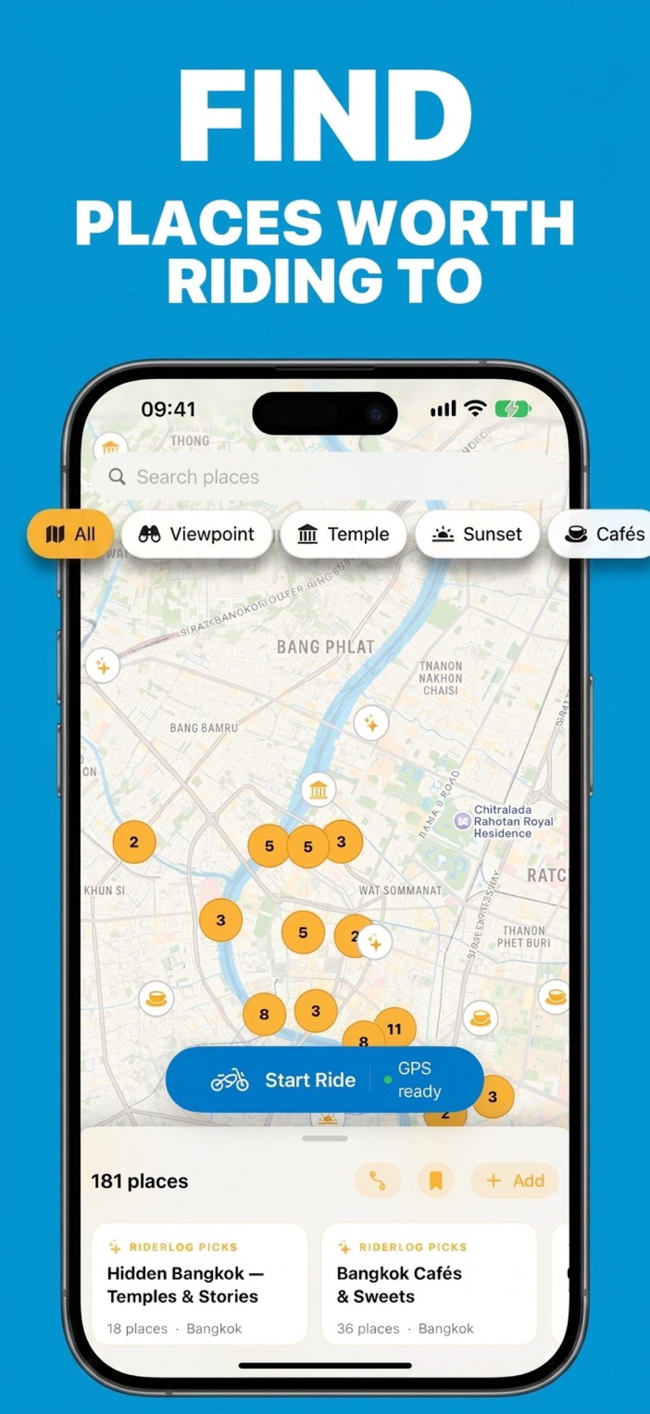 RiderLog Places map with amber pins for cafes, temples, viewpoints and sunset spots