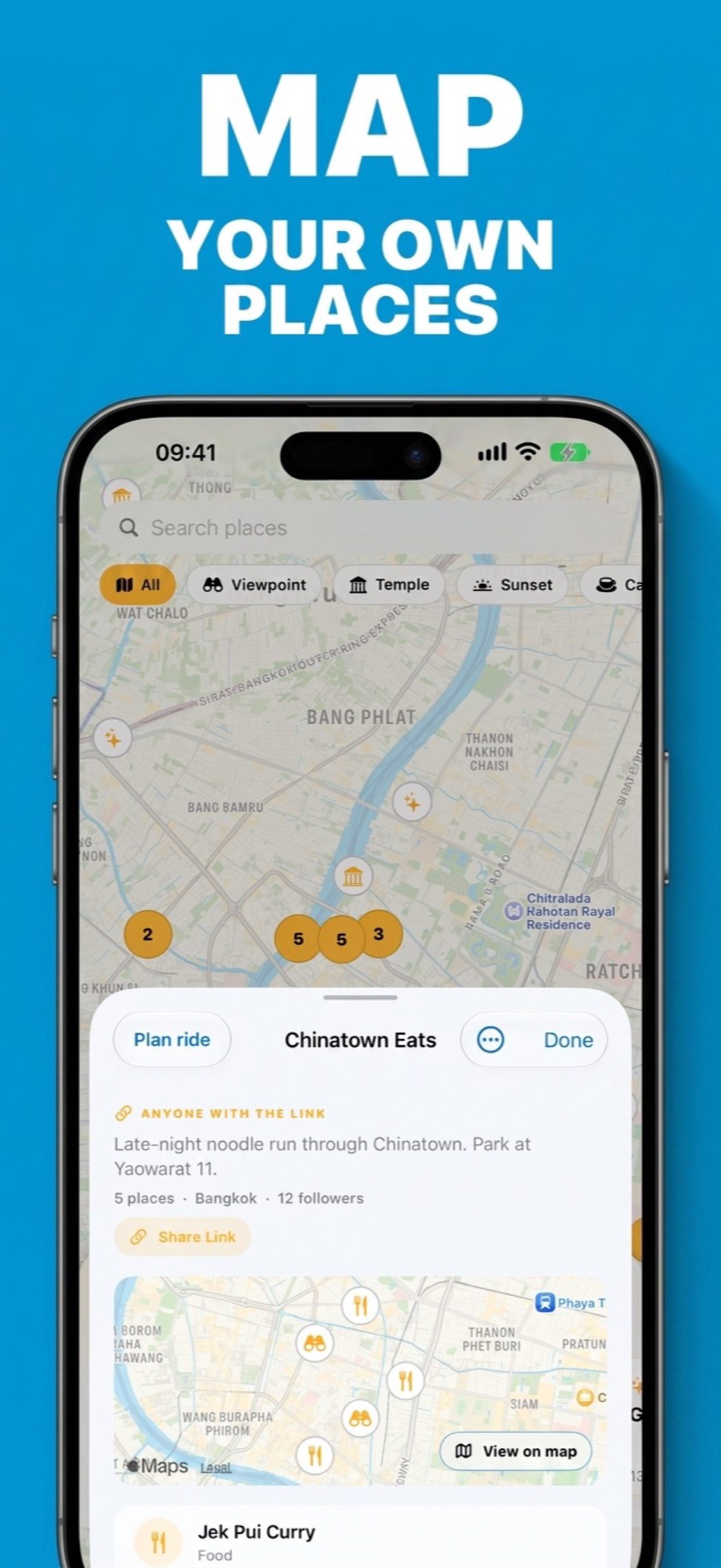 A rider's own list of places shown as pins on the RiderLog map