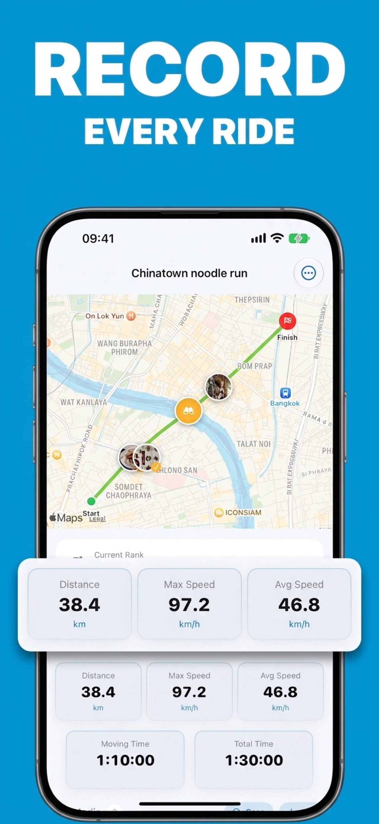 A recorded motorcycle ride in RiderLog with the route, photos and stats pinned to it