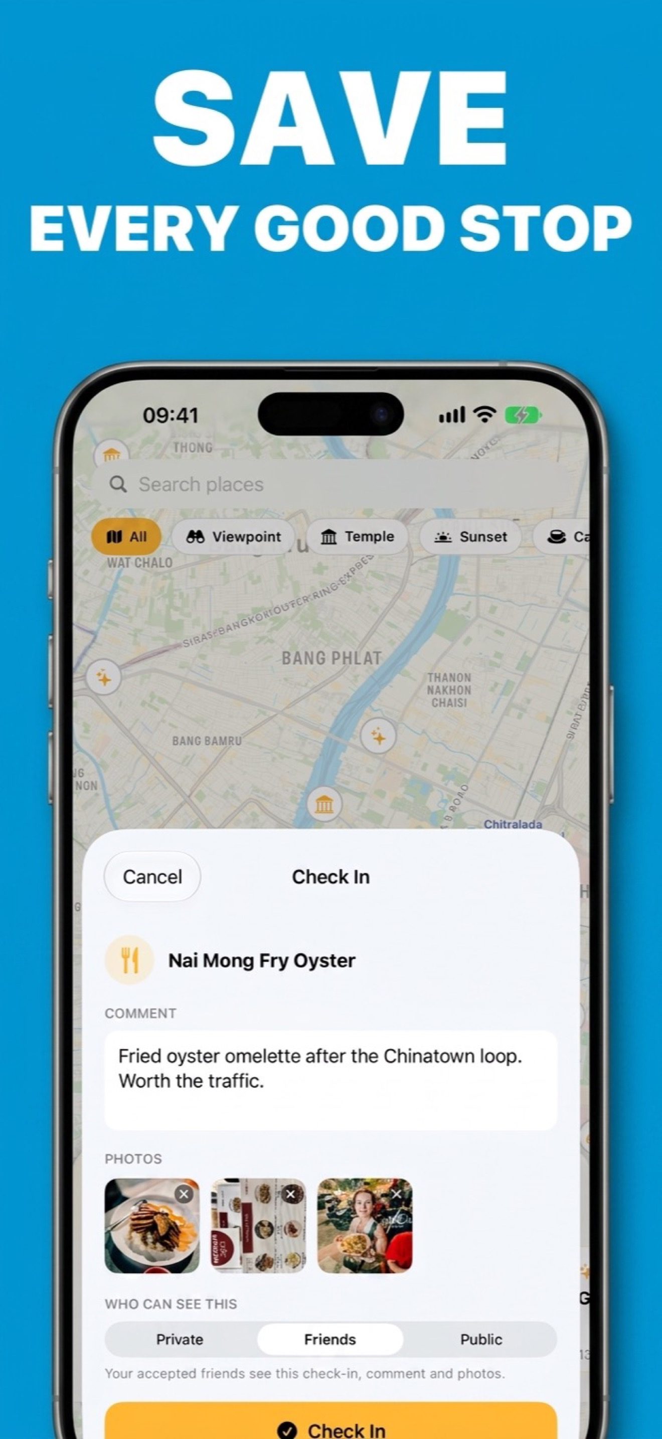 RiderLog check-in sheet with a comment, three photos and the audience choice