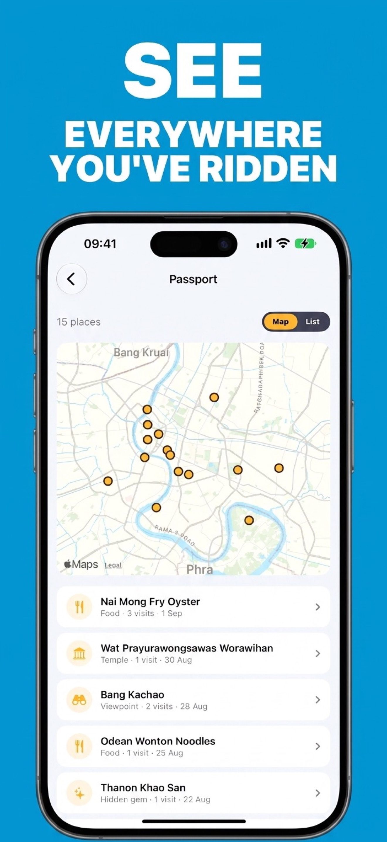 The RiderLog passport: every checked-in place on one map and in a list