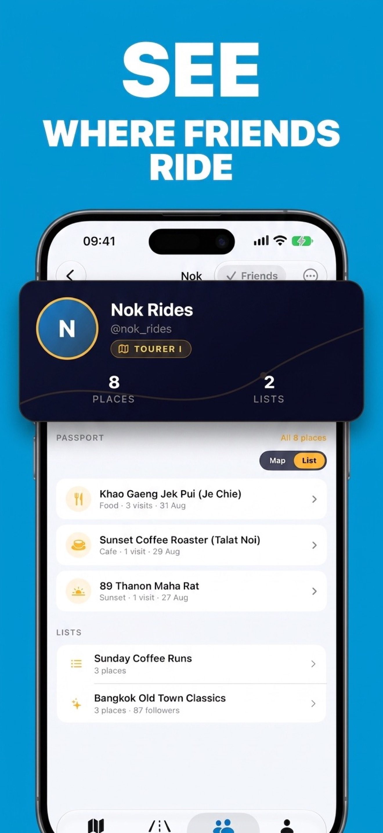 A friend's profile in RiderLog with their rider card, passport and lists