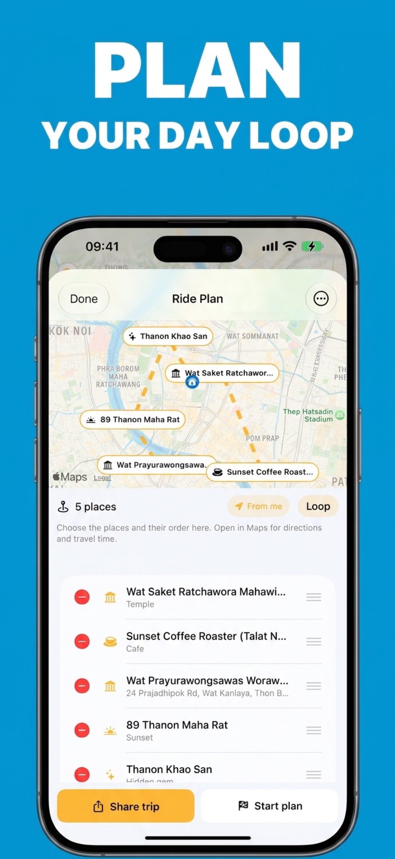 A RiderLog ride plan with five stops in order on a map