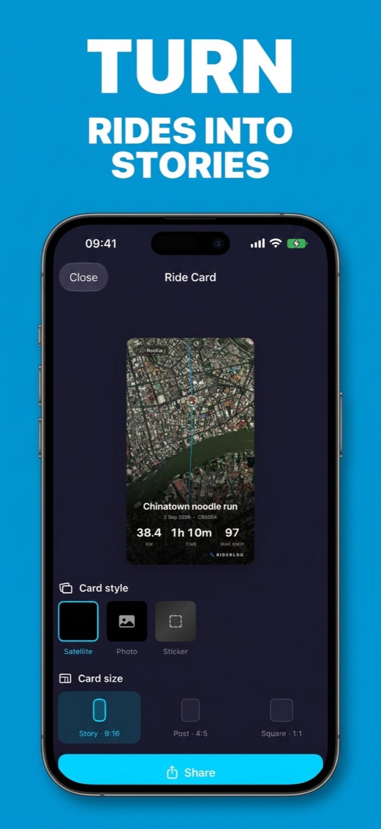 RiderLog ride card with a satellite map, route trace and stats, ready to share