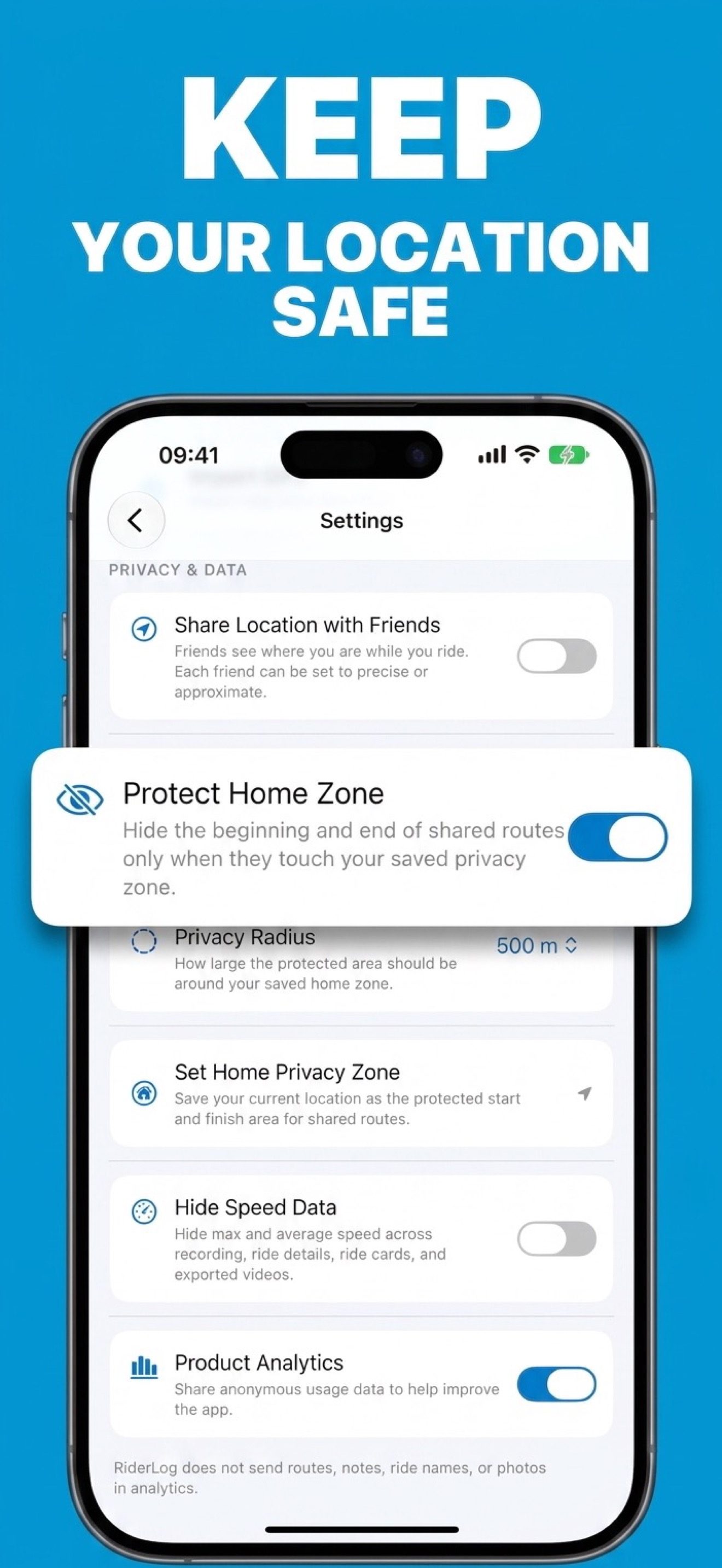 RiderLog privacy settings with the home zone protected and speed data hidden