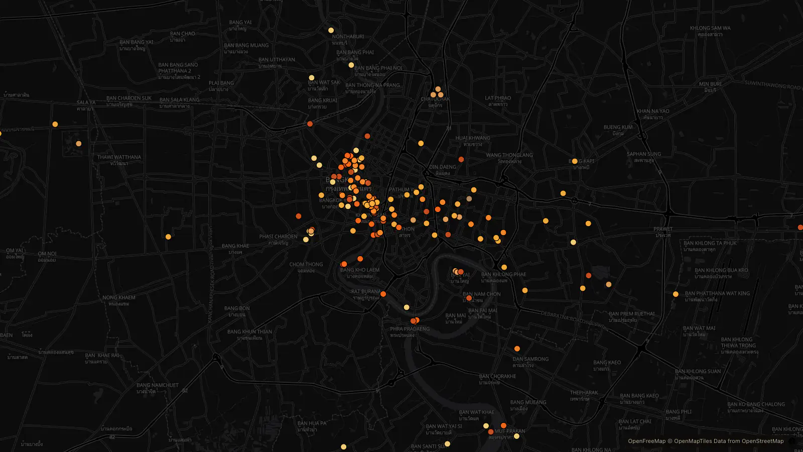Dark map of Bangkok with every curated place marked by an amber pin
