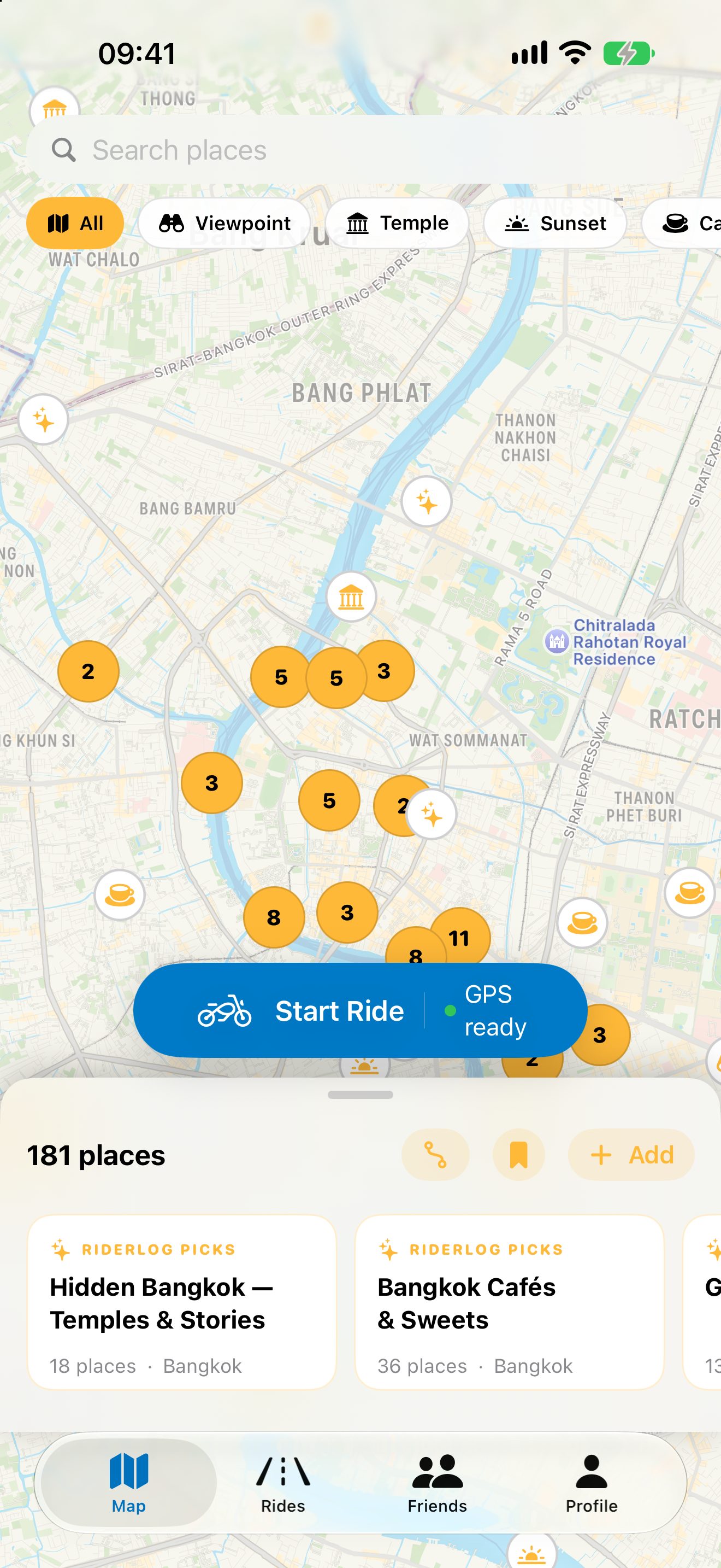 RiderLog Places map of Bangkok with amber pins on the places riders have checked in