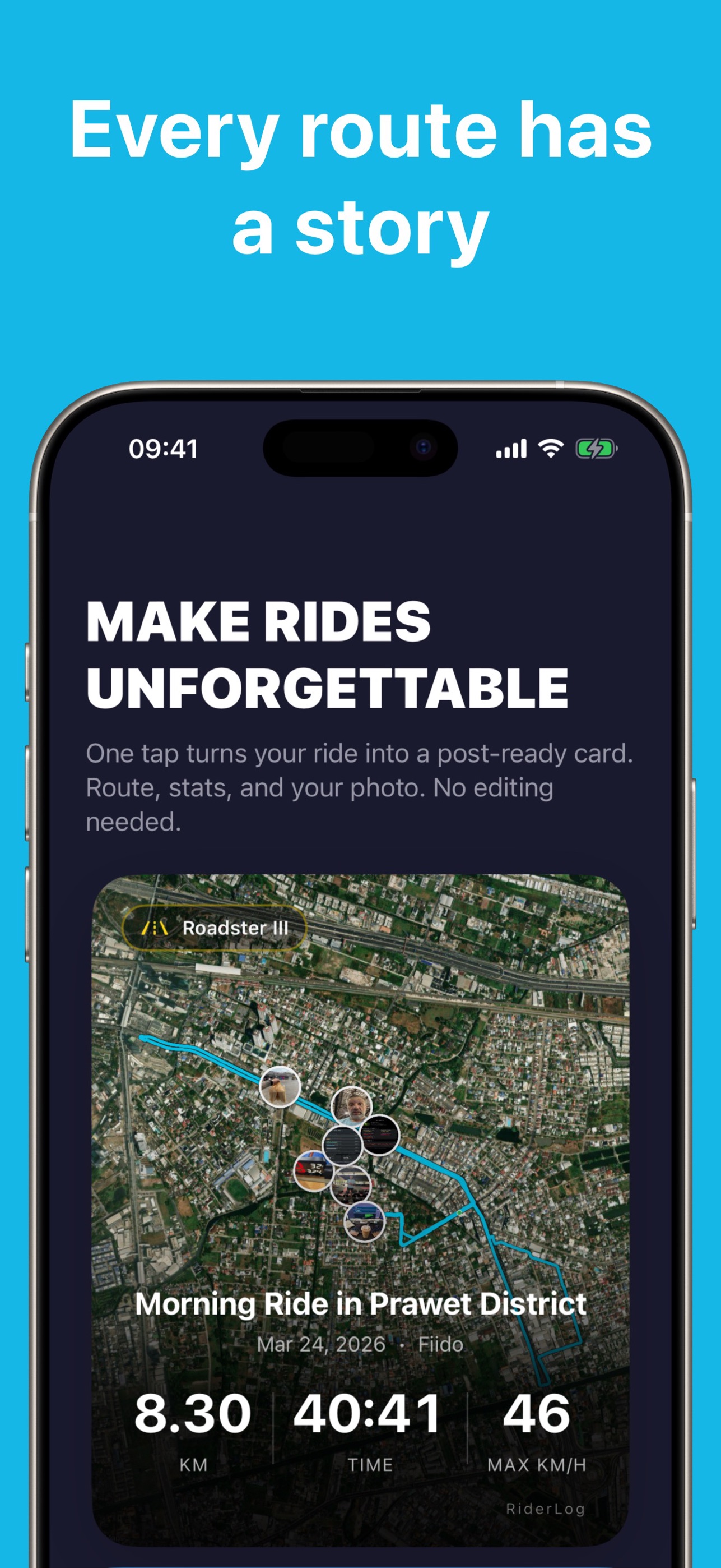 A recovered ride in RiderLog, with the route, stats and photos intact